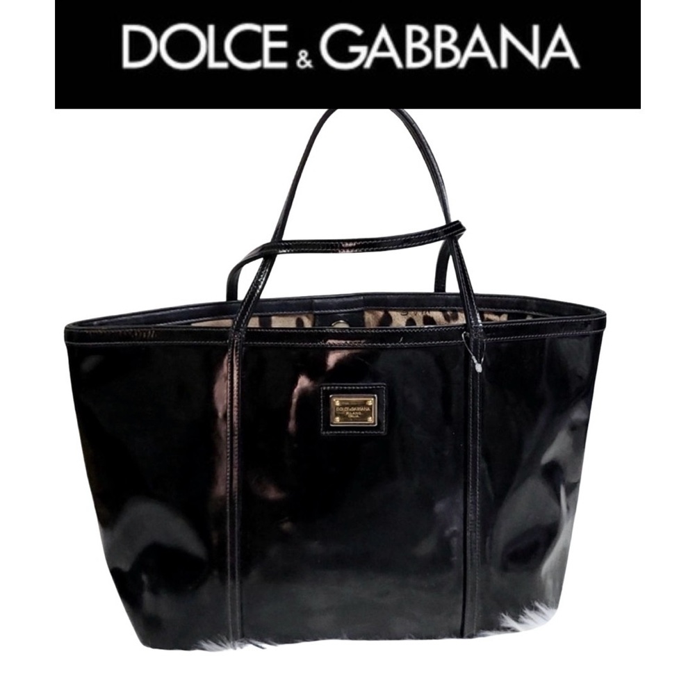 DOLCE & GABBANA Black Patent Leather Tote Bag w/Gold Plate Logo & Cards, EUC